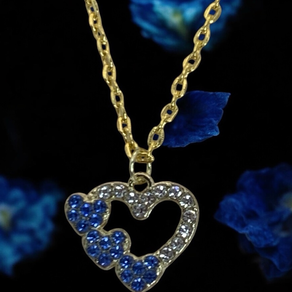 Heart Blue & Clear Crystal Gold Plated Necklace Hearts, Love, & Valentine - Picture 4 of 6